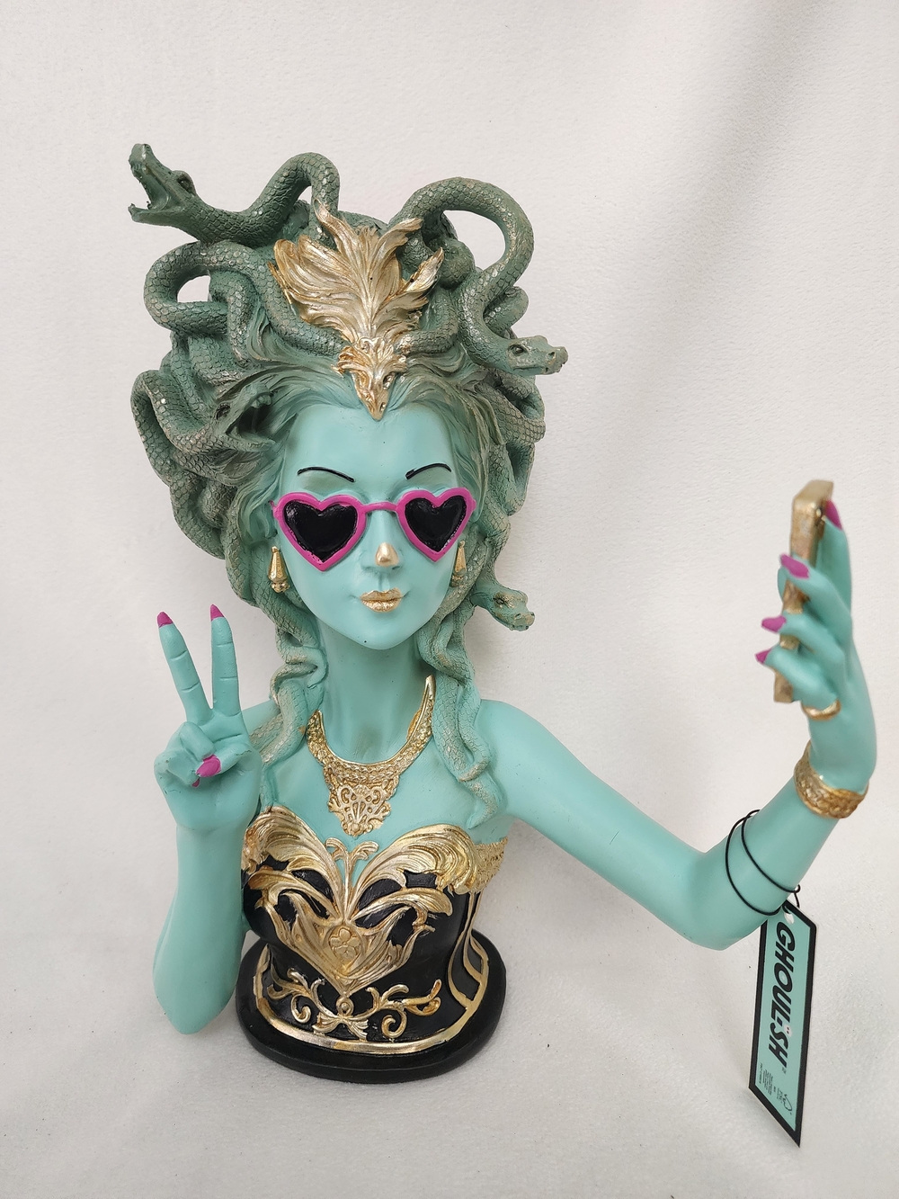 Aqua Medusa Bust TAKING A SELFIE Gold Detailing and Pink Sunglasses